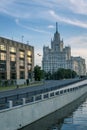 Library for foreign literature and Kotelnicheskaya high rise building in Moscow. View from Yauza river. Royalty Free Stock Photo