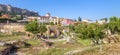 Library of Hadrian overlooking Acropolis and beautiful houses at Plaka district, Athens, Greece Royalty Free Stock Photo