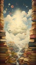 library illustration books and bookshelves blue sky knowledge light and education wallpaper