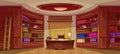 Library interior, bookcase, bookshelf, desk, window with curtain. Oval office, decorated furniture, mahogany, carpet. Large