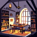 Library interior with bookshelf and bookshelves. Cartoon vector generative AI Royalty Free Stock Photo