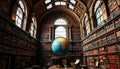 Library interior with globe and classic bookshelves view Generative AI Royalty Free Stock Photo