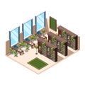 Library interior. University school room with bookshelves librarian campus vector isometric building Royalty Free Stock Photo