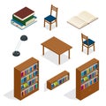 Library isometric icon set. Publications storage library archive catalog helves abstract vector illustration.