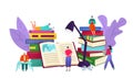 Library and knowledge book reading people vector illustration. Tiny people sitting on bookshelves reading books