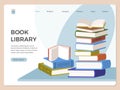 Library landing. Web page template with books stacks and shelves recent vector ui design