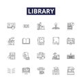 Library line vector icons and signs. cataloguing, catalogs, archives, librarians, literature, research, borrowing