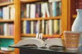 library with many books to read, arranged on shelves. Open book, glasses and mug close-up. Copy space Royalty Free Stock Photo