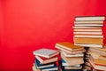 Library of many different educational books on a red background Royalty Free Stock Photo