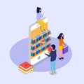 Library mobile online isometric concept. Micro people reading books. Royalty Free Stock Photo