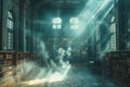 A library with numerous books and smoke billowing from the windows Royalty Free Stock Photo
