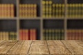 Library old books on bookshelf with wooden table space for learning education background Royalty Free Stock Photo