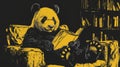 In a library, a panda is using a laptop and tablet to manipulate and analyze data using Python's Pandas package.