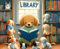 Library poster with puppies listening to a puppy librarian Royalty Free Stock Photo