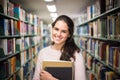 In the library - pretty female student with books working in a h