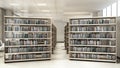 Library room bookshelves tables with chairs light library room 3d render