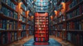 Library room filled with books, centering on a phone displaying an electronic library