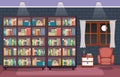 Library Room Interior Stack of Book on Bookshelf Flat Design