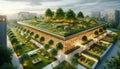public library with an extensive green roof, blending high-tech and natural elements, located in a park setting. Generative AI