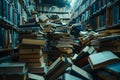 a library scene with a large pile of books of various sizes creating a sense of overwhelm Royalty Free Stock Photo
