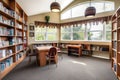 library setting with bookshelves, reading nooks, and natural light