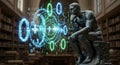 The Thinker statue contemplating glowing binary code data streams in a library Royalty Free Stock Photo