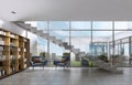 Library shelves with books in the contemporary room and large windows, under the stairs