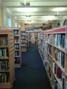 Books on library shelves