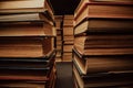 Library stack of old books. Rows in antique shop, bookstore. Vintage literature.