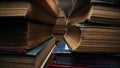 Library stack of old books, slider macro footage in antique shop, bookstore.