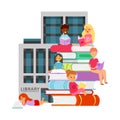 Library with studying different nationality students with books and bookshelves vector illustration. Cartoon