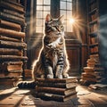 Library Tabby Cat Sitting On Old Books Royalty Free Stock Photo