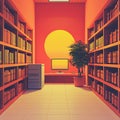 Library to digital data stream transition, symbolizing cognitive evolution, ambient light, wide angle Royalty Free Stock Photo