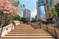 Library Tower plaza, and Bank of America building. Stream, fountain, and steps on 5th Street in the Downtown city of los Angeles