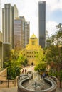 Library Tower Plaza. Stream, fountain, and steps leading to a public library on 5th Street in the Downtown city of Los Angeles