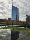 Library of trees, new Milan park. Unicredit skyscraper. Paths of the park with a panoramic view. Italy