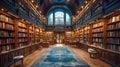 The library of the University, library interior with many books on shelves in the room