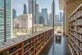 library, with view of vibrant cityscape, featuring bustling sidewalks and towering skyscrapers