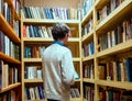 Library visitor stands in front of shelves with books