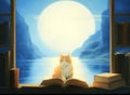 Library Week poster a serious cat on an open book Royalty Free Stock Photo