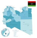 Libya administrative blue-green map with country flag and location on a globe