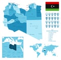 Libya detailed administrative blue map with country flag and location on the world map.