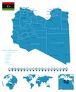 Libya - detailed blue country map with cities, regions, location on world map and globe. Infographic icons Royalty Free Stock Photo