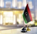 Libya flag on the reception desk in the lobby of the hotel