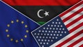 Libya United States of America European Union Flags Together Fabric Texture Illustration