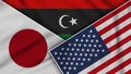 Libya United States of America Japan Flags Together Fabric Texture Illustration