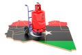 Libyan map with propane gas cylinder on hand truck. Gas Delivery Service in Libya, concept. 3D rendering