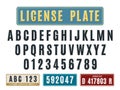 License car plates font. Embossed latin alphabet, aluminum nameplates with squeezed out numbers and letters, tags and