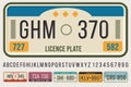 License car plates font. Embossed font letters and numbers, cars registration number frame template vector illustration Royalty Free Stock Photo