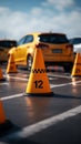 License test involves car maneuvering through traffic cones, testing driving precision.